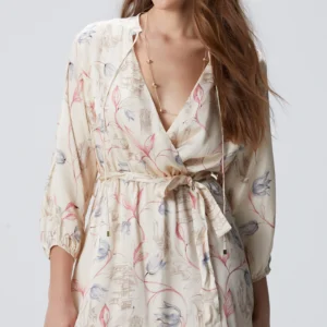 Açık Bej Desenli Mini Elbise